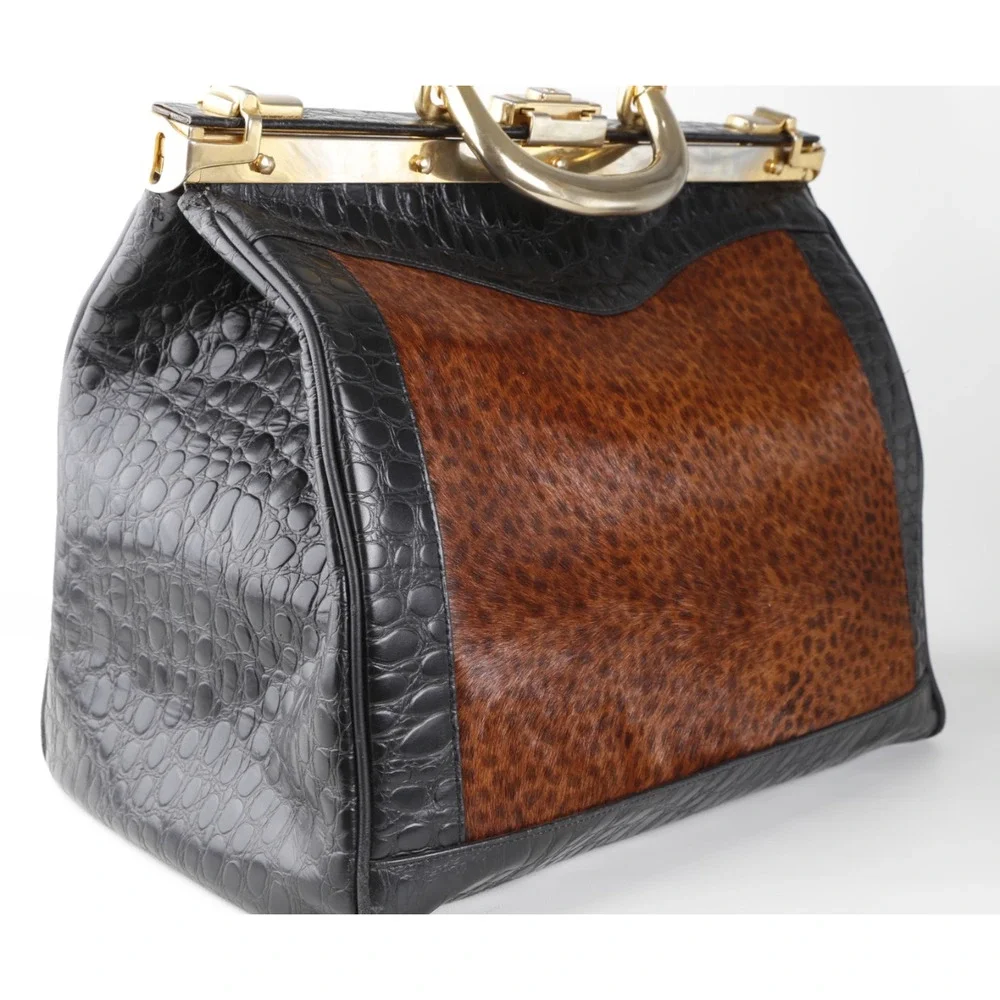 Rare Vintage L’ior Structured Doctor Frame Bag Croc Embossed Leather Calf Hair